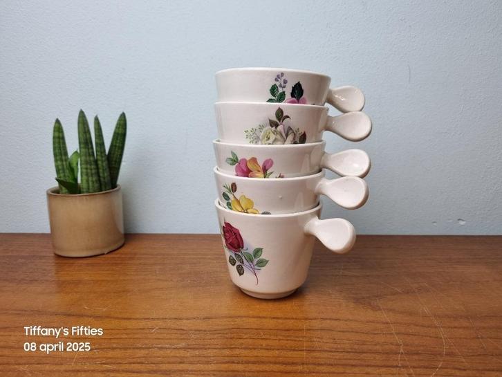 Set 5 kopjes Boch "Compact" Serie de 6 Fleurs, Antiek en Kunst, Antiek | Servies los, Ophalen of Verzenden