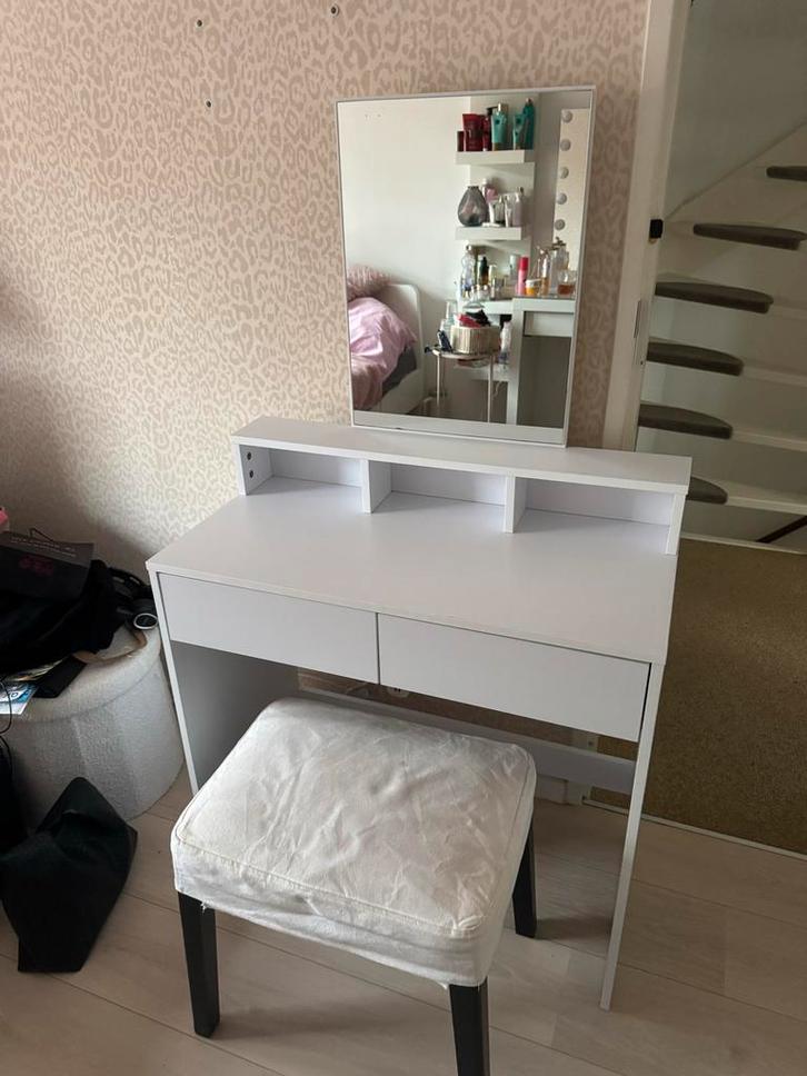 Witte kaptafel met spiegel, Huis en Inrichting, Tafels | Kaptafels, Zo goed als nieuw, 100 tot 150 cm, Minder dan 50 cm, Hout