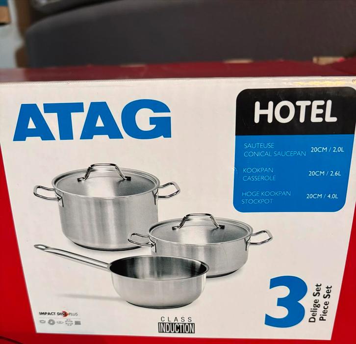 ATAG Hotel 3-delige Pannenset - Nieuw in doos!, Huis en Inrichting, Keuken | Potten en Pannen, Nieuw, Pannenset, Rvs, Inductieplaat