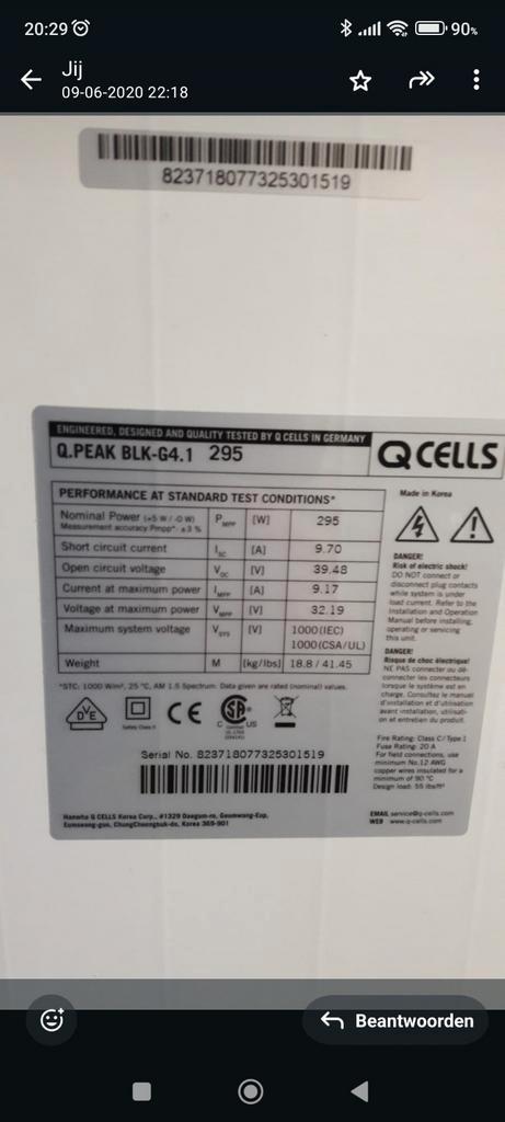 8 X Qcells zonnepanelen, Doe-het-zelf en Verbouw, Zonnepanelen en Toebehoren, Zo goed als nieuw, Paneel, Ophalen