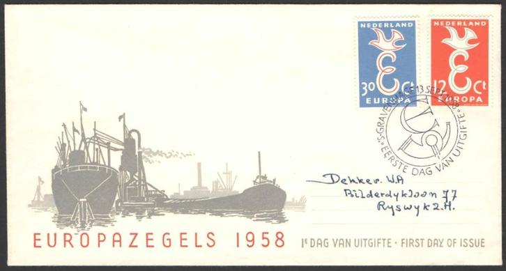 Nederland FDC E35 Met Adres, Europazegels 1958, Postzegels en Munten, Postzegels | Eerstedagenveloppen, Beschreven, Nederland