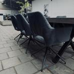 Eiken tafel + 6 blauwe draaistoelen, Ophalen, Gebruikt, 100 tot 150 cm, Eikenhout