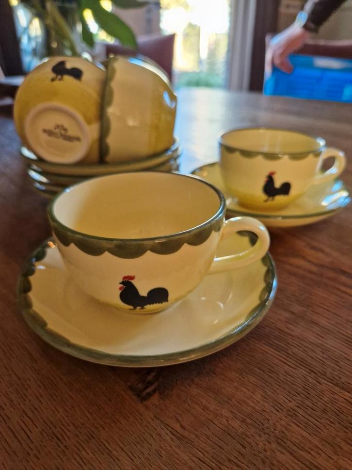 6 kop en schotels kip  en haan servies, Huis en Inrichting, Keuken | Servies, Zo goed als nieuw, Kop(pen) en/of Schotel(s), Overige stijlen