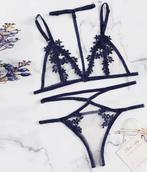 Doorzichtig blauw bloemen bh slipje setje lingerie dames, Verzenden, Blauw, Setje