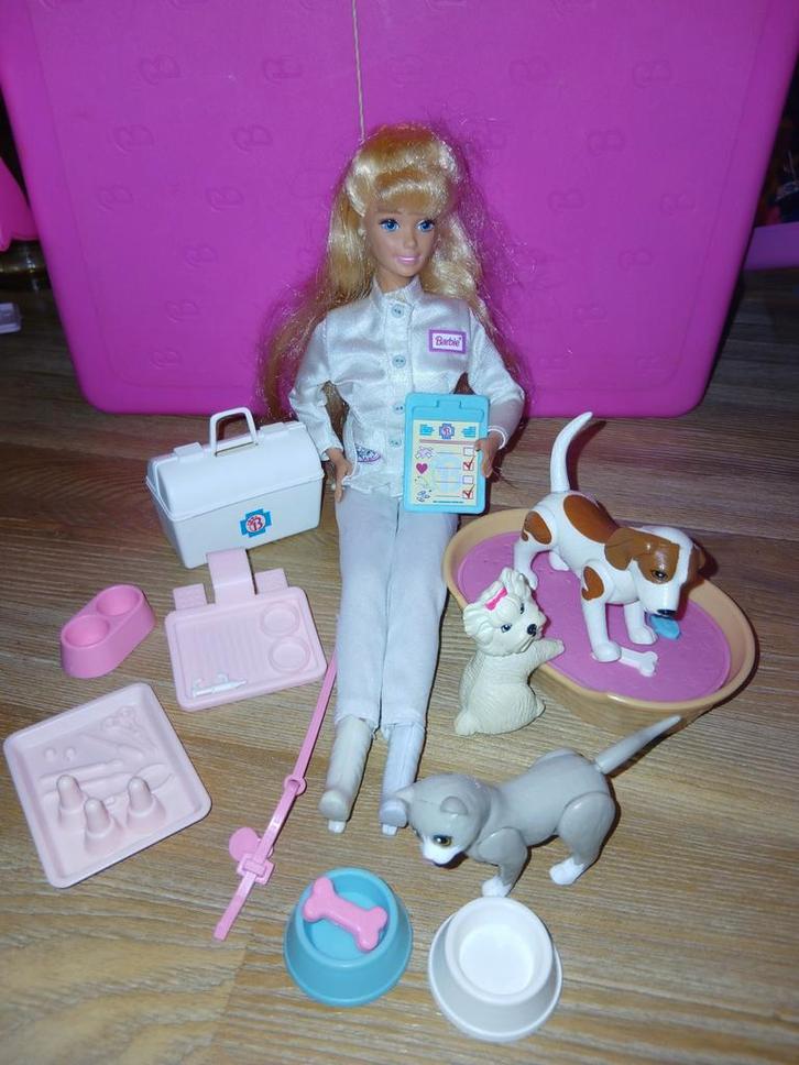 Barbie Mattel dierenarts 1996, inclusief hondenaccessoires+, Kinderen en Baby's, Speelgoed | Poppen, Zo goed als nieuw, Barbie