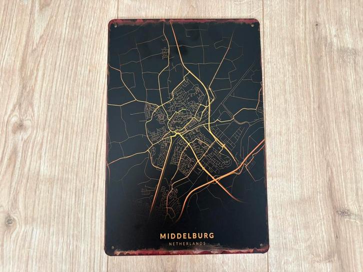 Vintage bord plattegrond van Middelburg (20x30cm), Huis en Inrichting, Woonaccessoires | Memoborden, Zo goed als nieuw, Overige typen