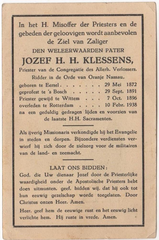 pater Jozef Klessens 1872 Eersel + 1938 Rotterdam, 65 jr, Verzamelen, Verzenden
