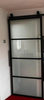 Schuifdeur mat glas met rails metaal zwart 100 x 215 cm, Doe-het-zelf en Verbouw, Ophalen, Gebruikt, 80 tot 100 cm, Binnendeur