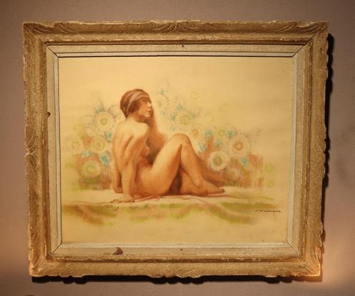 Groot schilderij met naakt in pastel, Antiek en Kunst, Kunst | Schilderijen | Klassiek, Ophalen