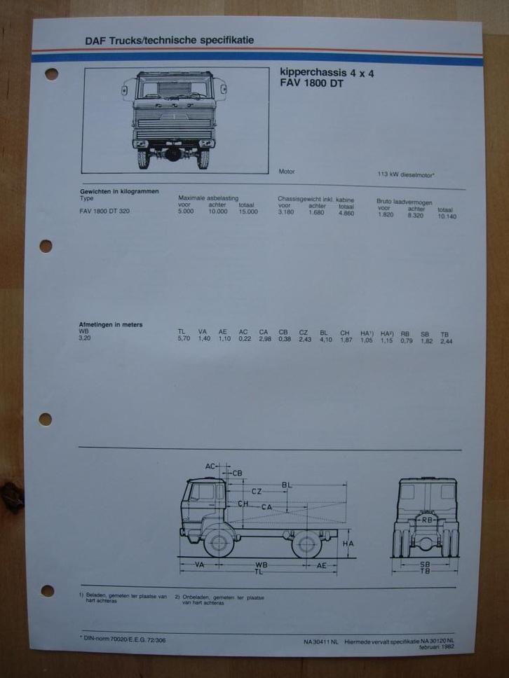 DAF FAV 1800 DT Technische Specificatie Folder 1982 – 4x4, Boeken, Auto's | Folders en Tijdschriften, Zo goed als nieuw, Overige merken