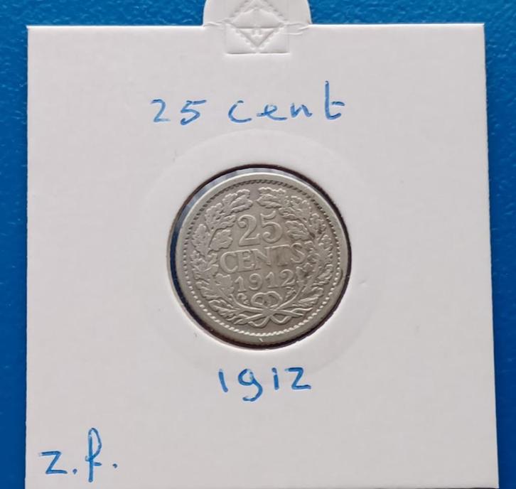 25 cent 1912 - Wilhelmina, Postzegels en Munten, Munten | Nederland, Losse munt, 25 cent, Koningin Wilhelmina, Zilver, Verzenden
