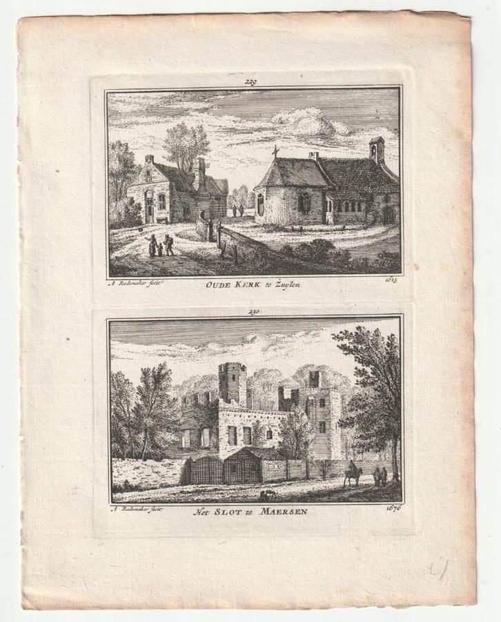 Kerk te Zuylen / Slot te Maersen Abraham Rademaker 1792, Antiek en Kunst, Kunst | Etsen en Gravures, Verzenden