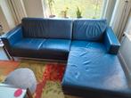 Blauwe leren bank met longchair, Ophalen, Gebruikt, Hoekbank, Driepersoons