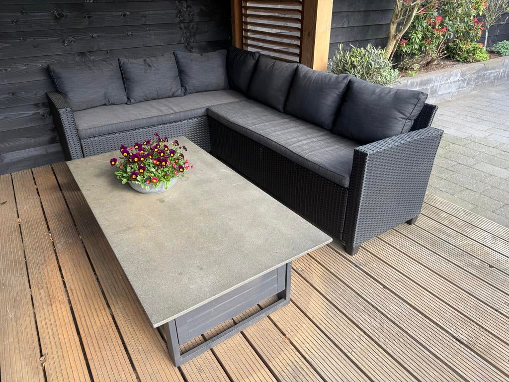 loungeset voor 6 personen - Zwart wicker, Ophalen, 6 zitplaatsen, Zo goed als nieuw, Loungeset