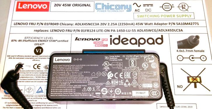 LENOVO 01FR049 Chicony 20V 2.25A 45W Adapter 4.0x1.7mm lader, Computers en Software, Laptop-opladers, Zo goed als nieuw, Ophalen of Verzenden