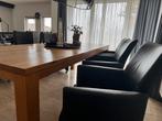 Eiken houten tafel met 6 leren stoelen (op wielen), Huis en Inrichting, Ophalen of Verzenden, Zo goed als nieuw, 4 tot 6 stoelen