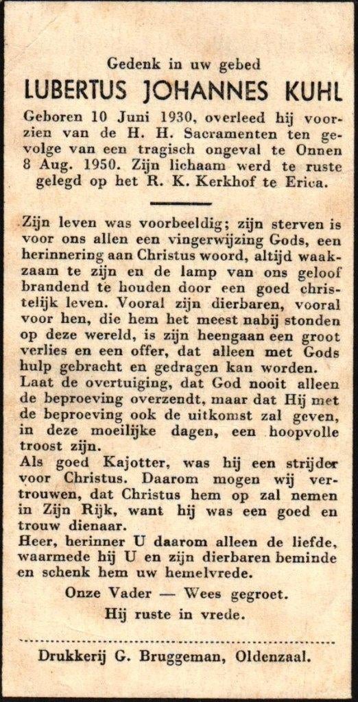 Kuhl Lubertus Johannes 1930-1950 Onnen/Erica, Verzamelen, Bidprentjes en Rouwkaarten, Ophalen of Verzenden