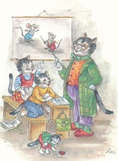 6 Leuke Kunstkaarten van Lore Hummel - Katten school, Verzamelen, Ansichtkaarten | Themakaarten, Ophalen of Verzenden, 1940 tot 1960
