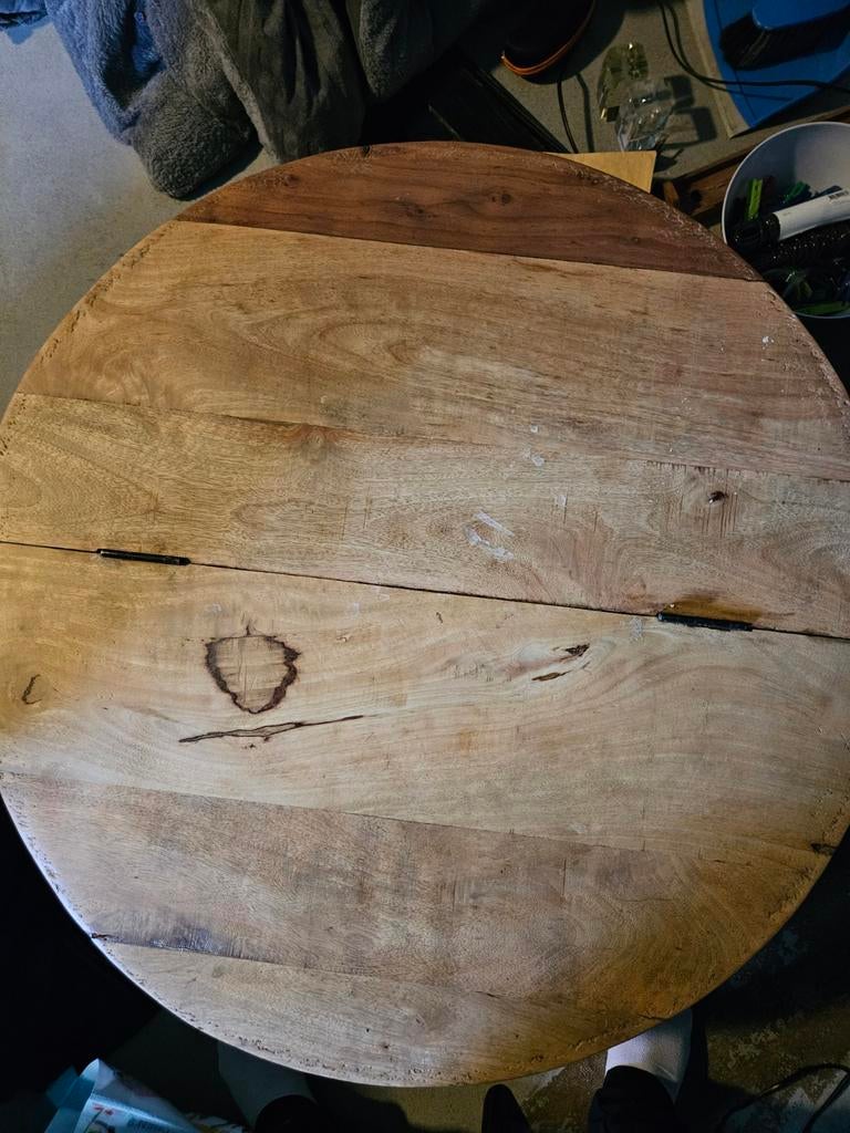 Ronde houten tafelblad met metalen onderstel, Gebruikt, 50 tot 100 cm, Rustiek, Rond