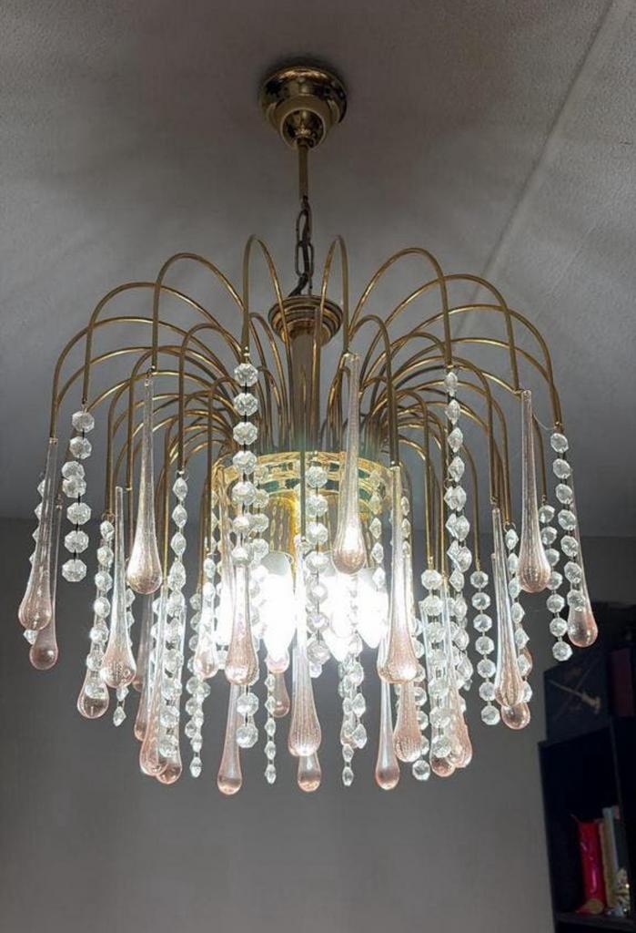Murano vintage teardrop waterfall kroonluchter roze goud, Ophalen of Verzenden, Zo goed als nieuw