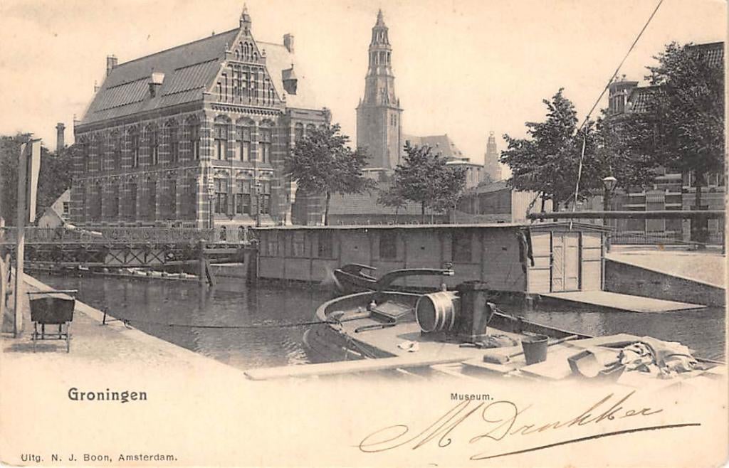 Groningen Museum Woonark Binnenvaart schip en Der Aa kerk, Verzenden, Voor 1920, Gelopen, Groningen