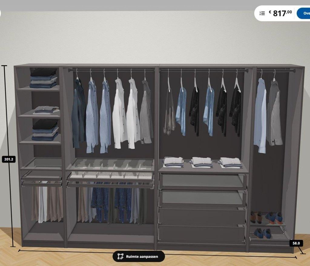 IKEA PAX Kledingkast 300x58x201 - €499 – Bezorgen & Montage, IKEA PAX, Gebruikt, Eikenhout, 200 cm of meer