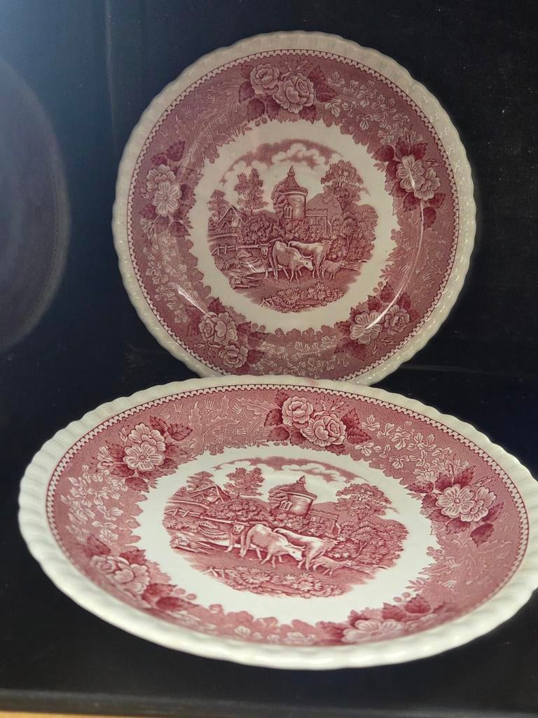 Rood-witte schalen en kan met boerderijtaferelen Adams, Ophalen of Verzenden