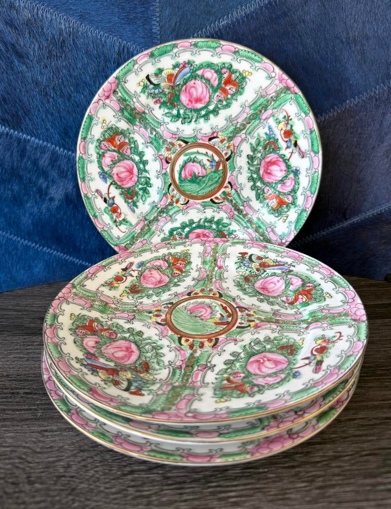 4 x Vintage Chinees porselein handgeschilderde ontbijtborden, Antiek en Kunst, Antiek | Servies los, Ophalen of Verzenden