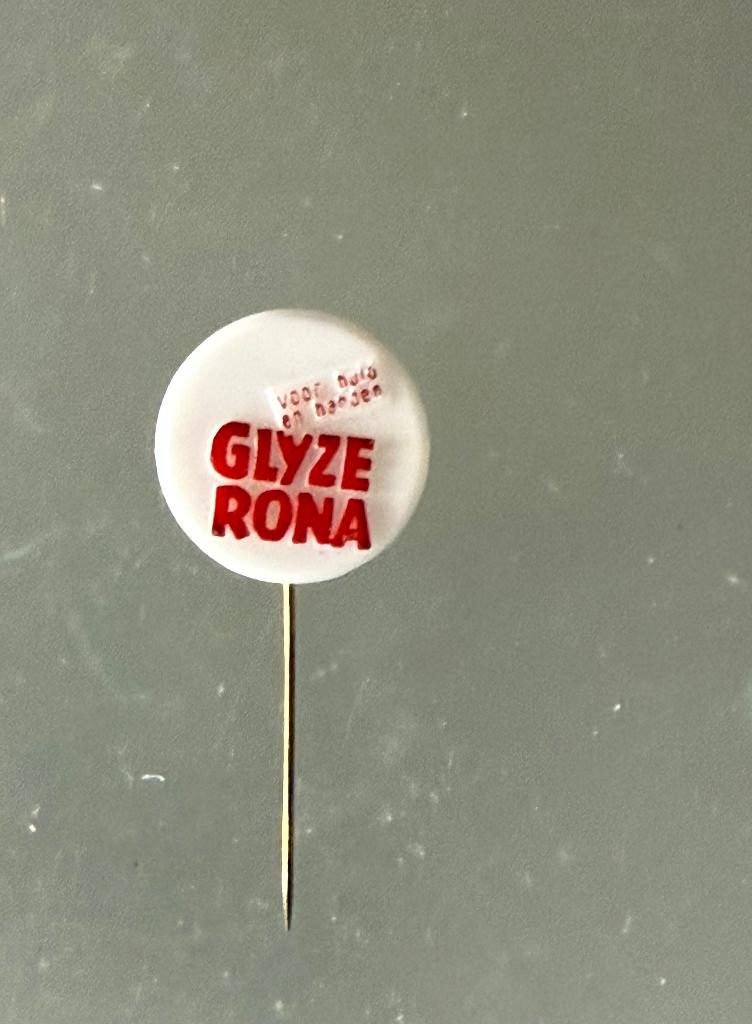 Vintage Glyze Rona "Voor Huid en Handen"  pin, Verzamelen, Ophalen of Verzenden, Gebruikt, Merk, Speldje of Pin