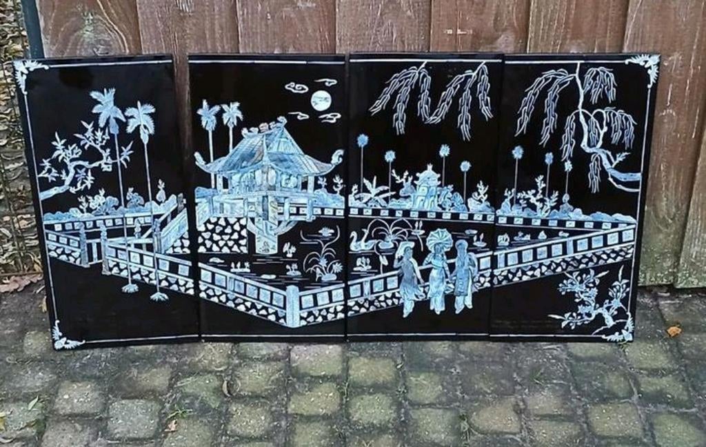Zeldzaam Vietnamees Lakwerk Kunstwerk - 4 Delig, Ophalen of Verzenden
