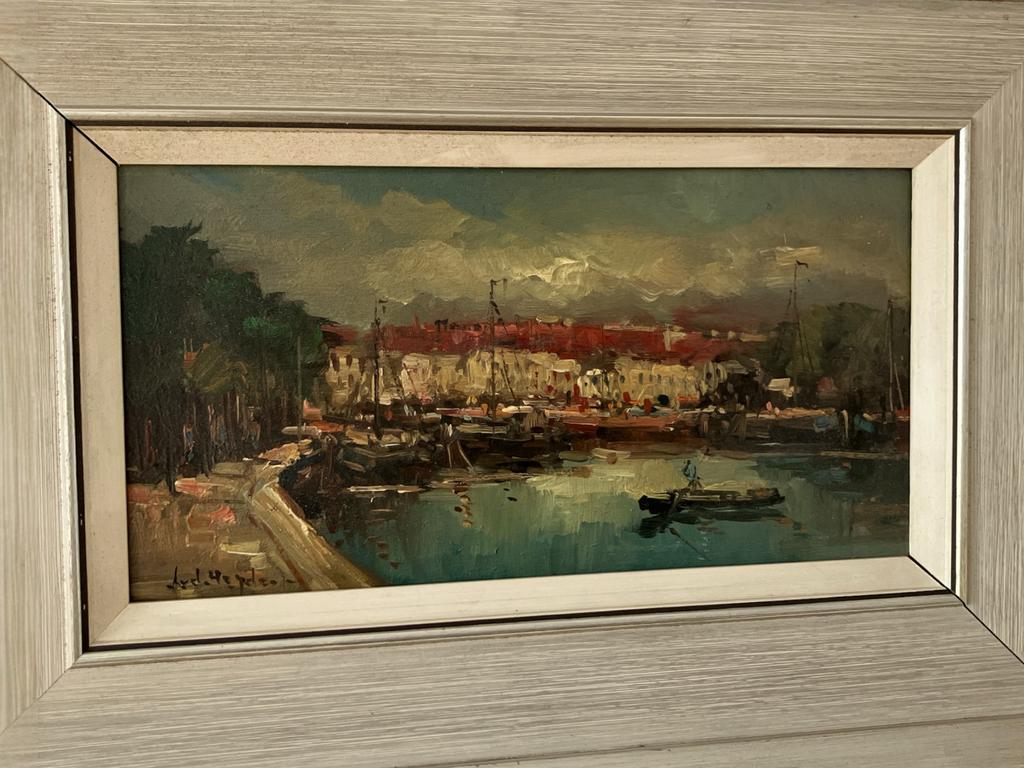 Olieverf schilderij van der Heyden, haven met zeilbootjes, Antiek en Kunst, Kunst | Schilderijen | Modern, Ophalen of Verzenden