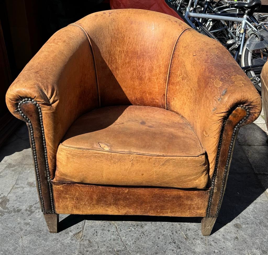 Vintage Leren Clubfauteuil, Ophalen, Gebruikt, Leer, 75 tot 100 cm