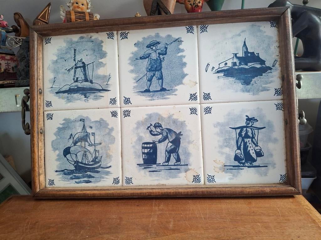 Antiek Delfts Blauw oud dienblad met delfsblauwe tegeitjes., Ophalen of Verzenden