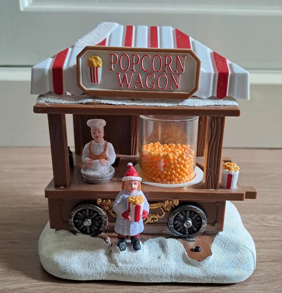 Kerstdecoratie wagen met popcorn verkoper licht+ beweging, Ophalen of Verzenden, Zo goed als nieuw