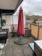Bordeauxrode parasol met hardhouten paal en accessoires, Ophalen, Gebruikt, 3 tot 4 meter, Stokparasol