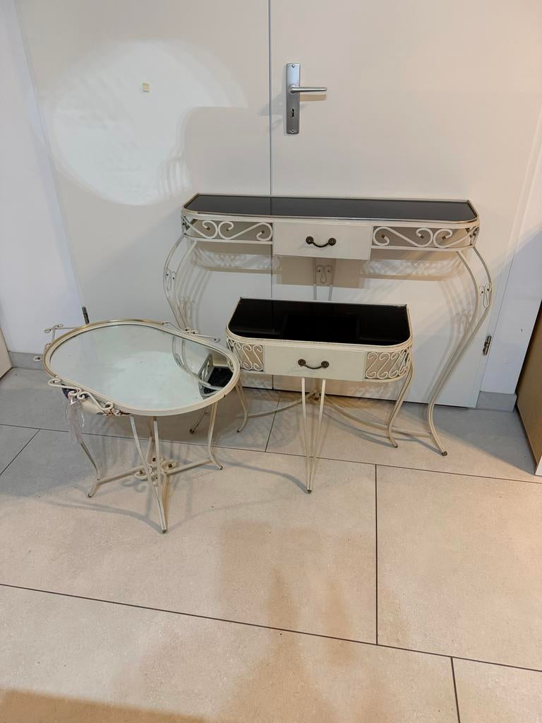 Vintage kaptafel met spiegel en lades, Minder dan 50 cm, Gebruikt, Metaal of Aluminium, 100 tot 150 cm