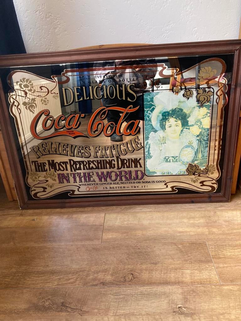 Coca cola spiegel, Antiek en Kunst, Antiek | Spiegels, Ophalen, Rechthoekig, 50 tot 100 cm