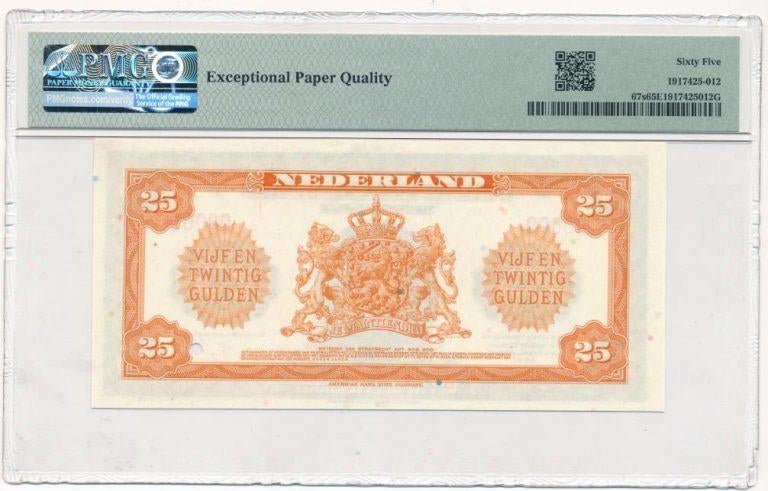 NL muntbiljet 25 gulden Wilhelmina 1943 SPECIMEN PMG 65 EPQ, Postzegels en Munten, Bankbiljetten | Nederland, Ophalen of Verzenden
