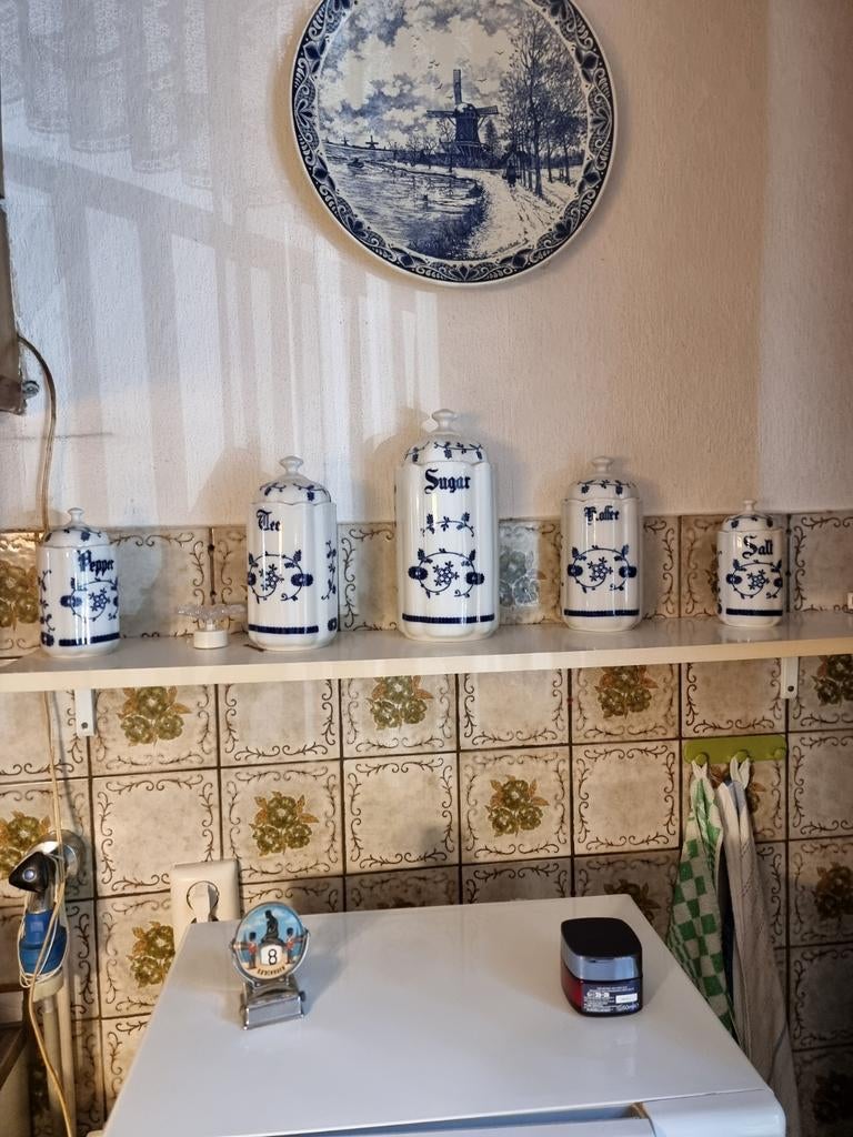 Delfts blauwe voorraadpotten set - Suiker, Thee, Zout, Peper, Ophalen of Verzenden, Voorraadpot, Steen/keramiek, Overige merken