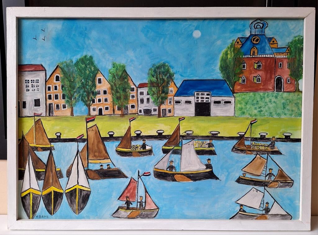 schilderij, zeilboten, naïeve kunst, heldere kleuren,vrolijk, Verzenden