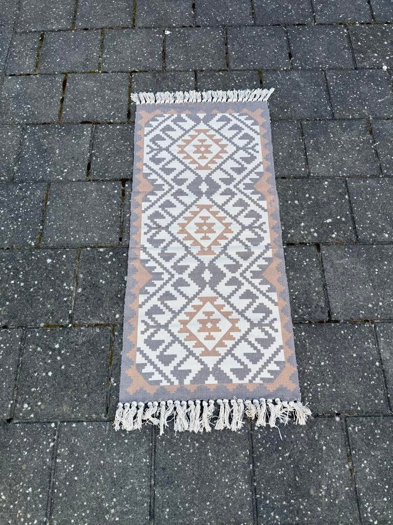Aztec Vloerkleed Grijs/Wit/Beige met Franjes • 60x140cm, 100 tot 150 cm, Wit, Zo goed als nieuw, Aztec