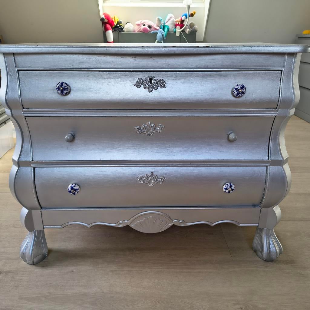 Zilveren Buikkastje met 3 Laden - 89cm Breed, Ophalen, Gebruikt, 25 tot 50 cm, 50 tot 100 cm