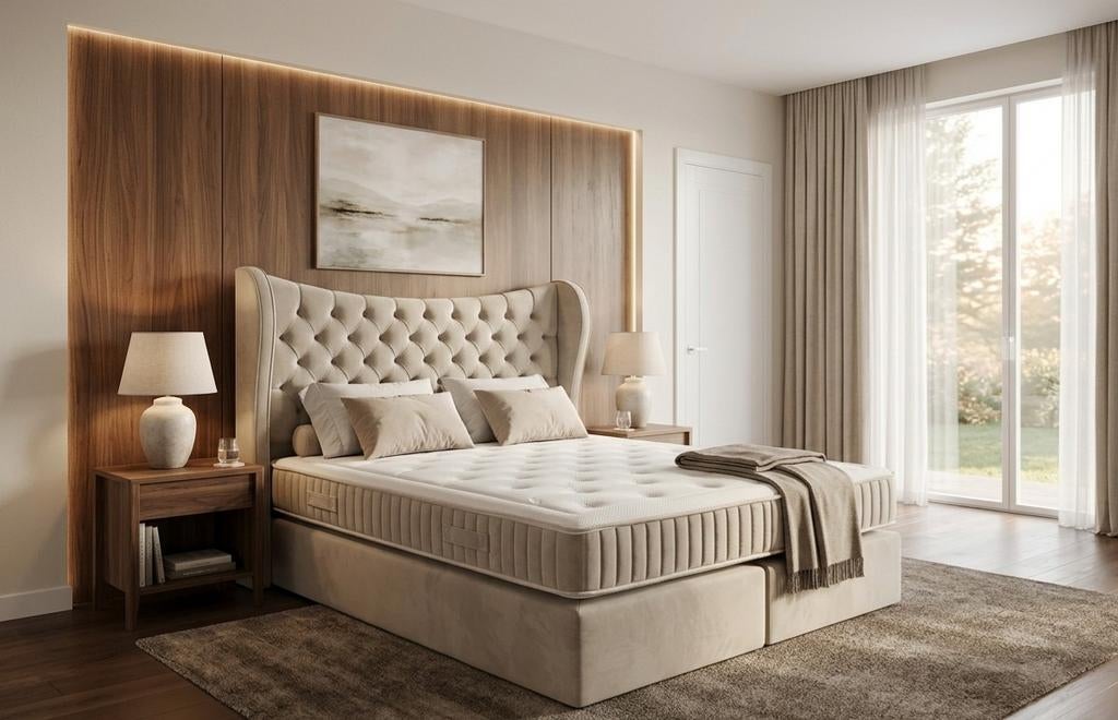 Tweepersoonsbed met gestoffeerd vrijstaand hoofdbord, Huis en Inrichting, Ophalen, Beige, Nvt, 180 cm