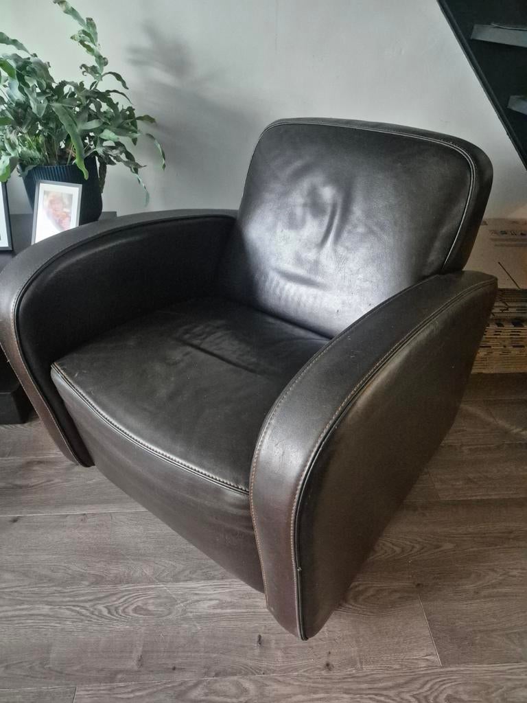 Echt Leren Donkerbruine Stoel Fauteuil (+ eventueel een 2e), Ophalen, Gebruikt, 75 tot 100 cm, 50 tot 75 cm
