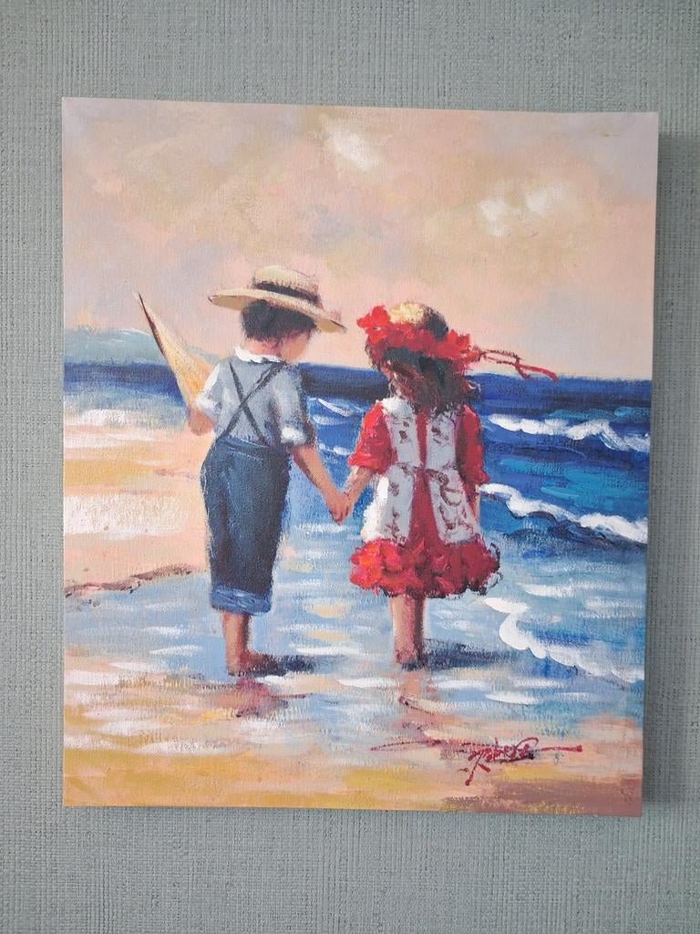 Jongen en meisje op strand canvas op houten frane gesigneerd, Antiek en Kunst, Ophalen