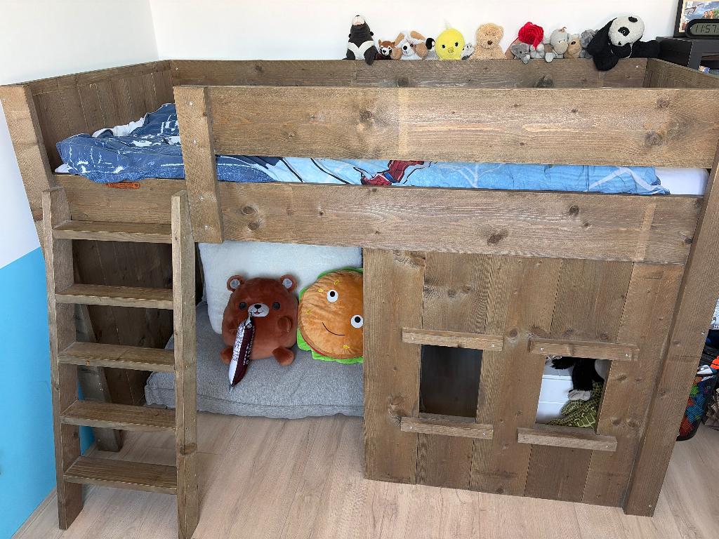 Steigerhout bed, Kinderen en Baby's, Kinderkamer | Bedden, Gebruikt, 180 cm of meer, 85 tot 100 cm, Hoogslaper of Stapelbed, Ophalen