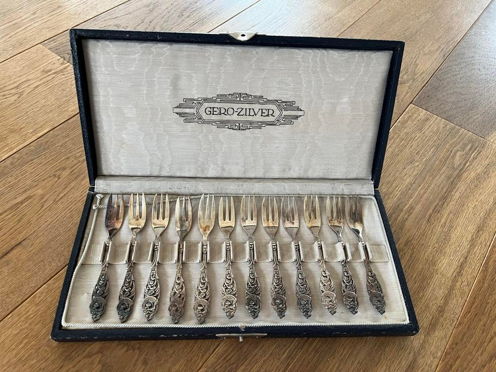 Gero-Zilver Art Deco gebaksvorkjes set in originele doos, Antiek en Kunst, Ophalen of Verzenden