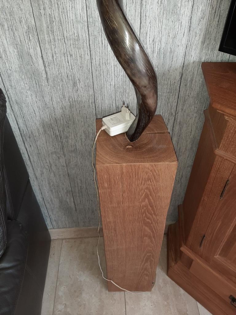 Unieke staande lamp met eikenhouten voet en hoorn, 100 tot 150 cm, Ophalen of Verzenden, Overige materialen, Modern, Landelijk, Uniek, Rustiek