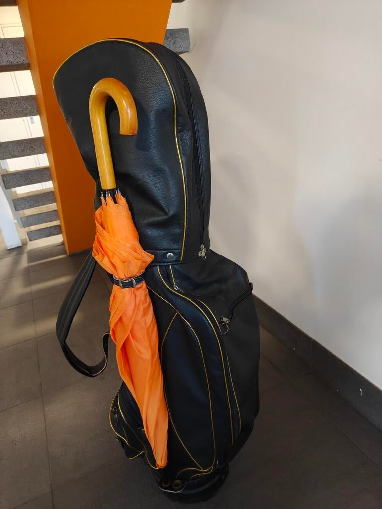Vintage leren golf cartbag met gouden accenten, Ophalen, Gebruikt, Tas, Overige merken