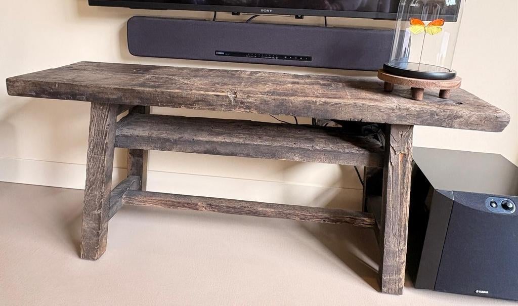 Uniek TV-meubel, bankje oude dikke wagonplanken., Ophalen, 25 tot 50 cm, Minder dan 100 cm